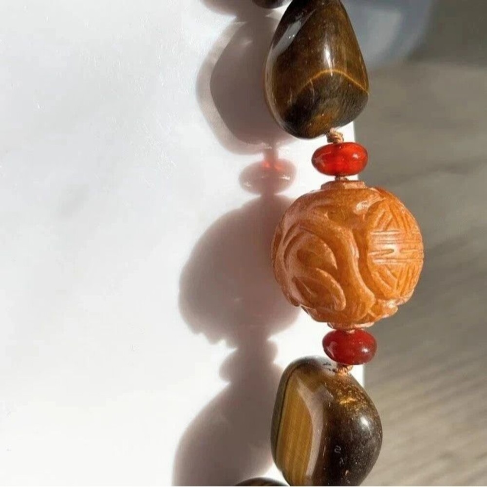 Vintage Sterling Silver Tiger’s Eye Necklace Hand Knotted Shou Bead 17" Chinese - Picture 7 of 16